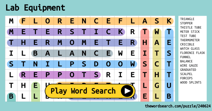 Chemistry lab equipment word search answer key