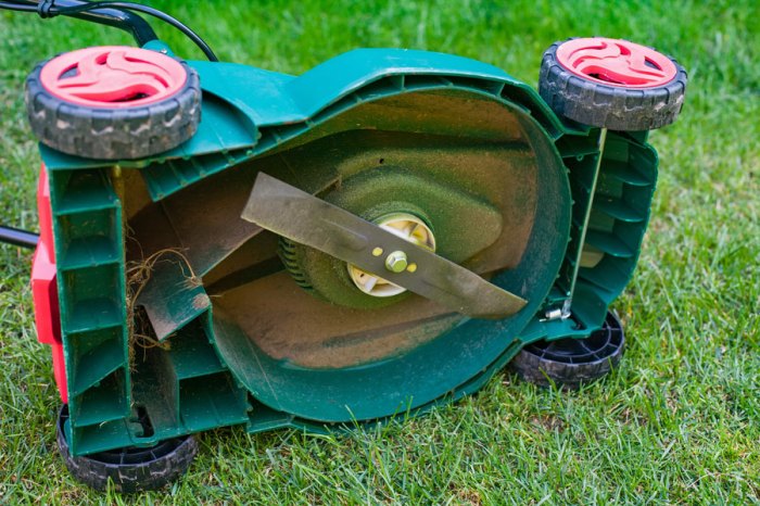 A rotary mower blade cuts by violently impacting the grass.